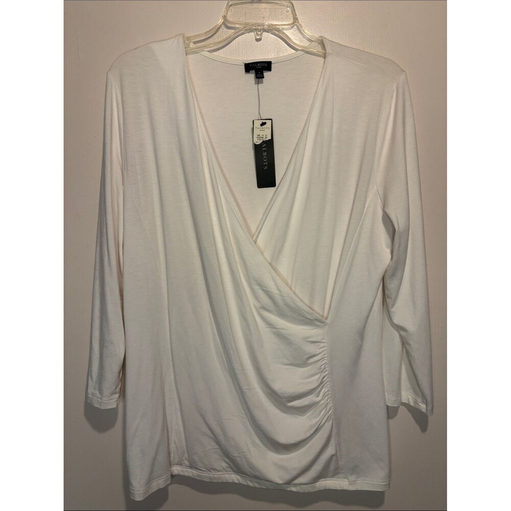 Talbots NWT V Neck Faux Wrap Ruched White Minimalist Sleeves Blouse Top Size 0X